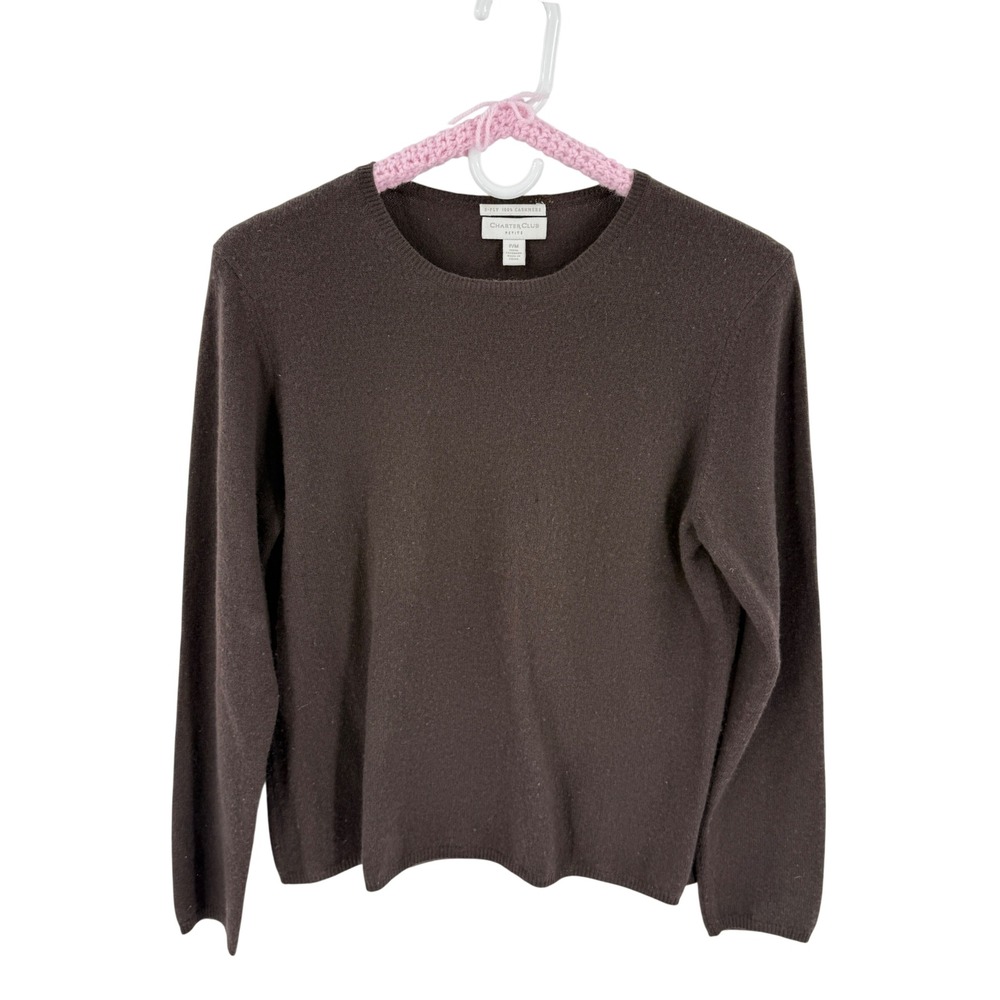 Charter Club Sweater Brown P/M Two Ply Cashmere Crew Neck Petite P/M Cozy Staple